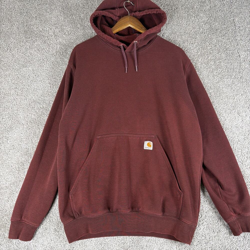 Carhartt Hoodie Mens M Burgundy K288 Pullover Midweight Sleeve Logo Faded Work